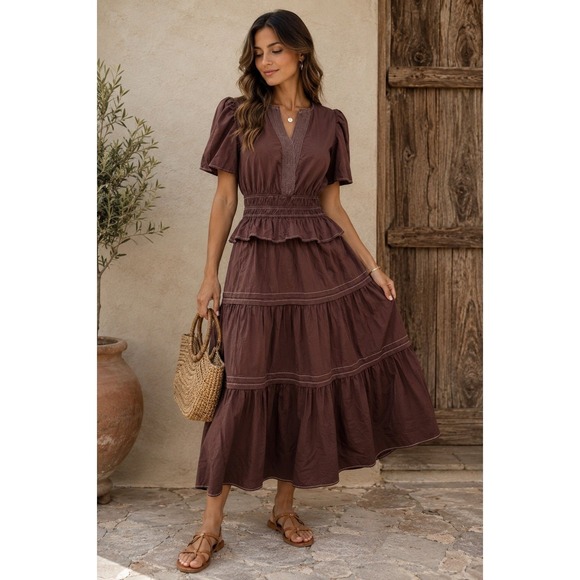 THML Dresses & Skirts - THML Brown Cotton Tiered Midi Dress Puff Sleeve Smocked Waist Boho Size M